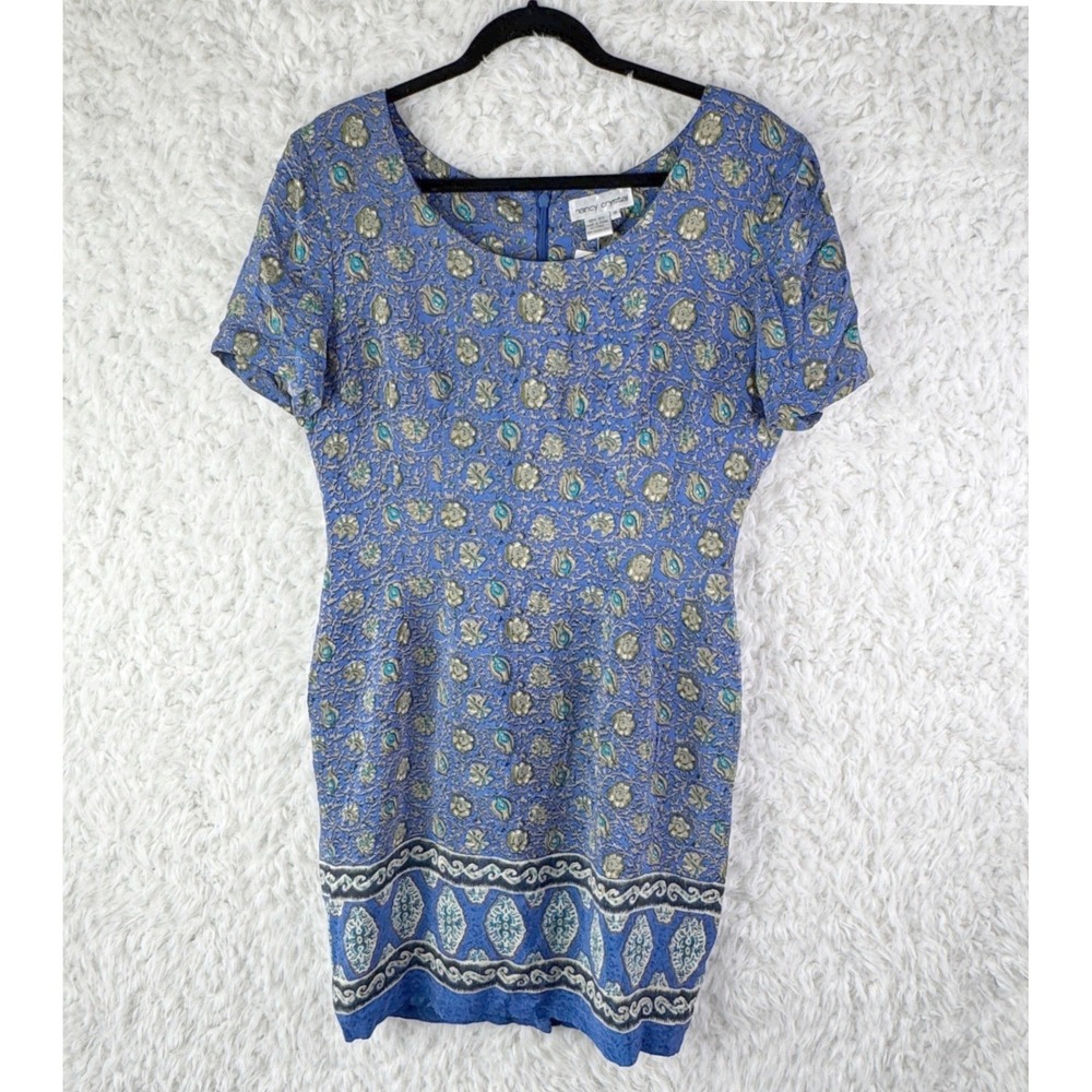 Nancy Crystal Silk Floral Print Blue Short Sleeve Knee Dress Size 12 Vintage NWT